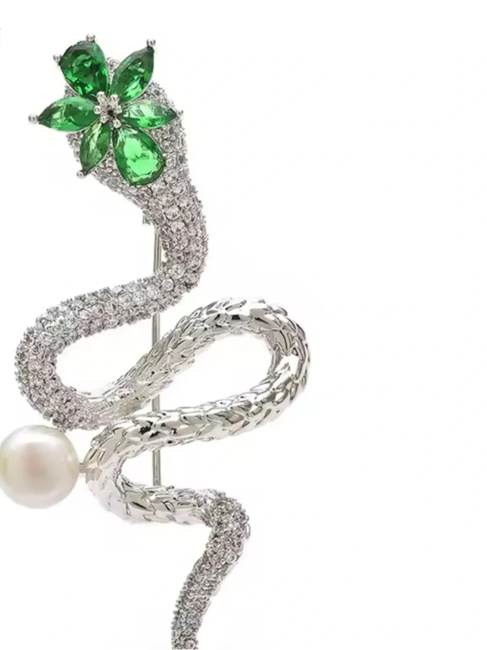 Serpenti Snake Emerald Floral Green Crystal Silver Brooch